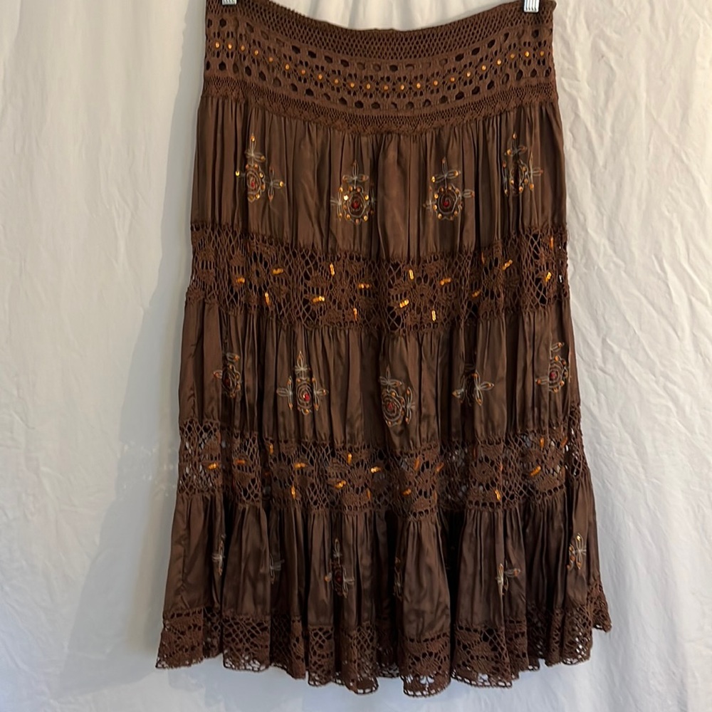 Mahogany brown with orange and red detailing shin length skirt by Chaudry KC